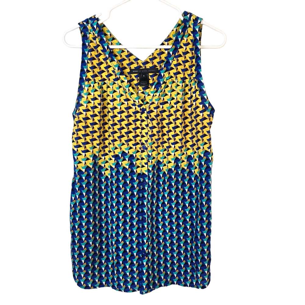 Marc By Marc Jacobs Silk Tank Women's M Rich Royal Multi Silk Geometric V Neck